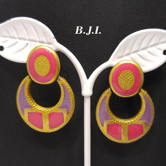 Vintage Hot Pink, Lavender, and Gold Post Drop Earrings, BJI Designer, 1 1/2 In - Picture 1 of 9
